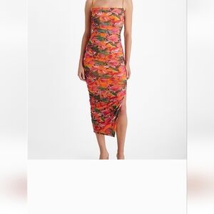 Express Floral Ruched Midi Bodycon Dress With Side Slit Size M